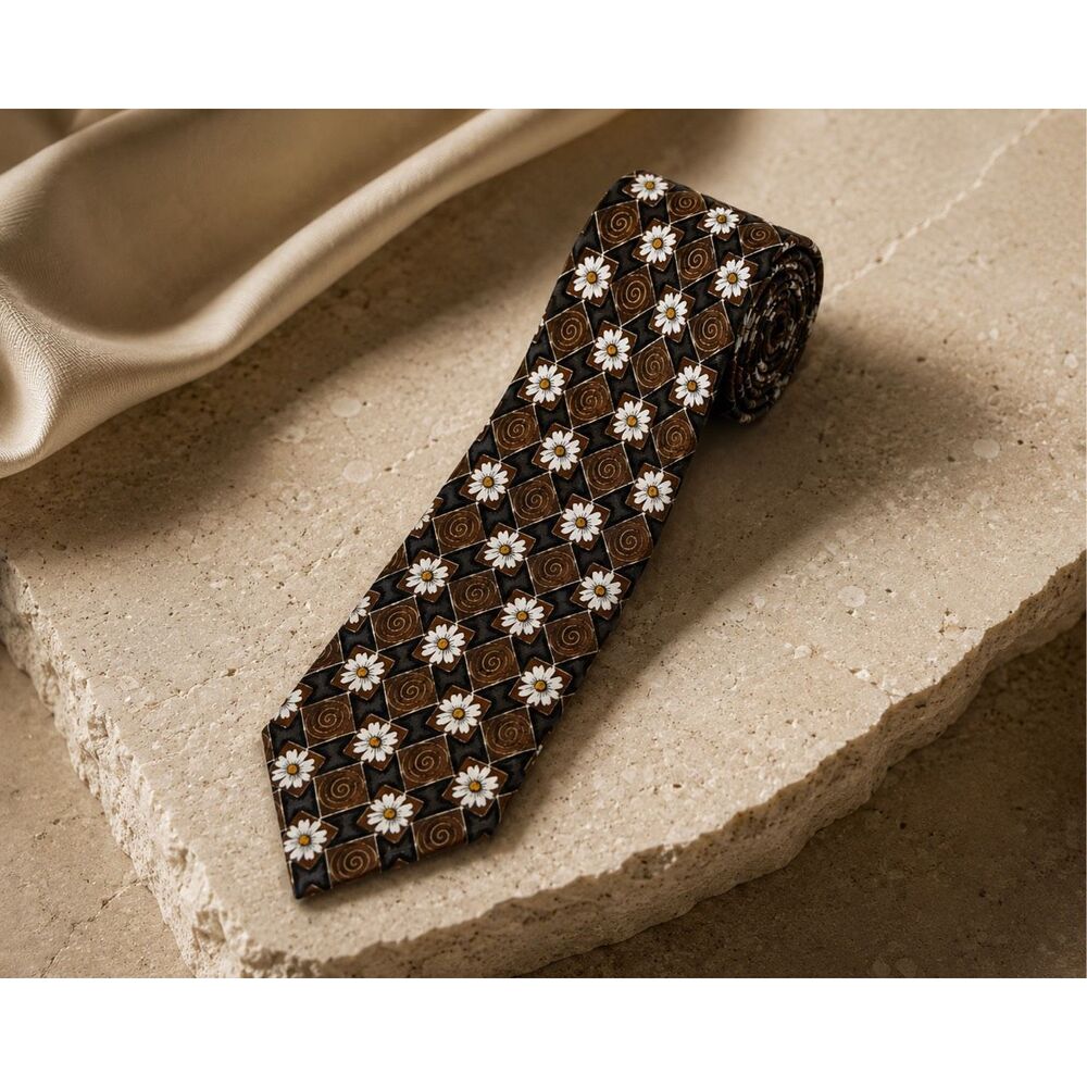 NWT Ermenegildo Zegna Italian Silk Floral Geometric Necktie Brown Black Designer